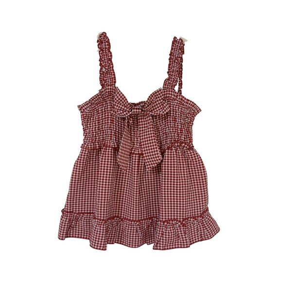 Y2K Coquette Top Gingham Ruffle Bow Smocked Womens With Straps Red White Size L - Picture 1 of 6